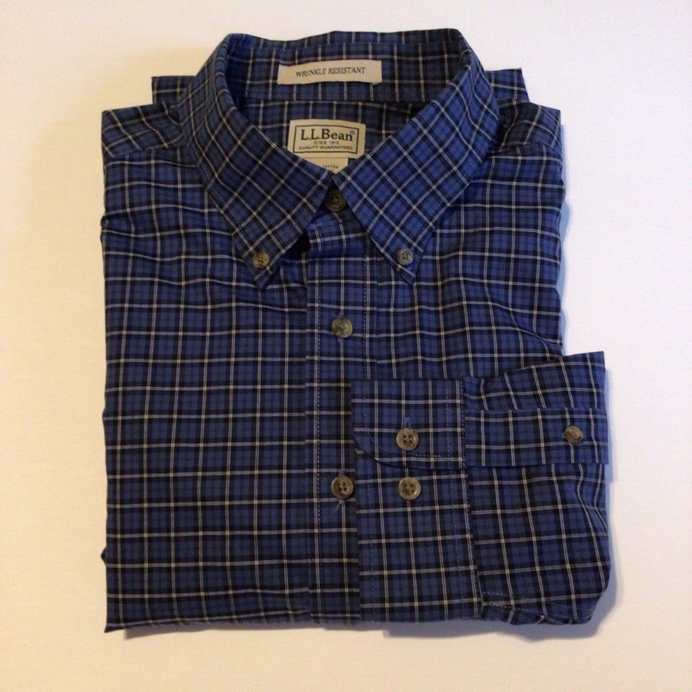 L.L Bean Wrinkle Resistant Blue Plaid Shirt LargeT